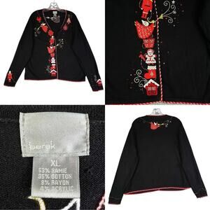 Vtg Berek Christmas Holiday Sweater Cardigan Women's Size XL Button Up Black Red
